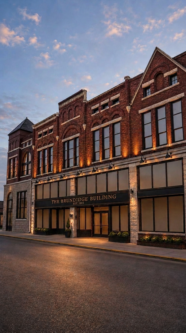 Architectural rendering of the revitalized Brundidge Building at dusk, established 1893